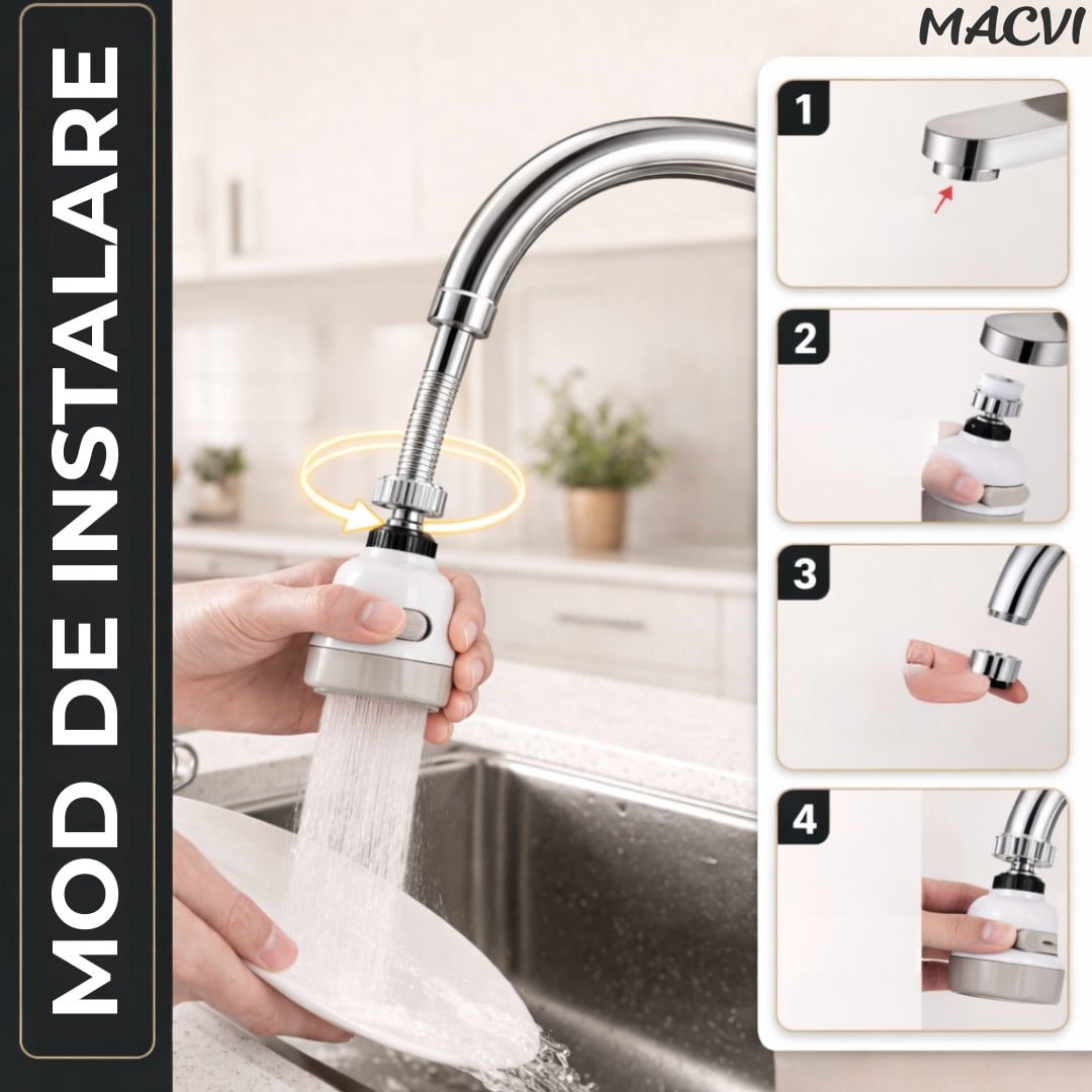 Cap de Robinet Universal Macvi®,  pentru Chiuveta, 3 Moduri de Jet, Rotire 360°, Alb/Bej, Usor de Montat