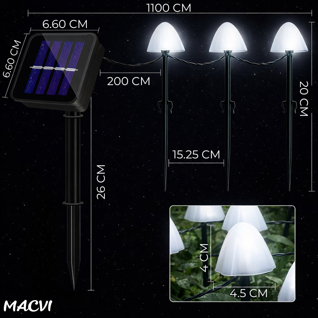 Set 10 Lampi solare gradina Macvi® alb cald IP65 rezistente la apa cablu 5 m panou solar 2V 185mA inaltime tija 18 cm diametru lampa 4.5 cm iluminat exterior alei curte terasa