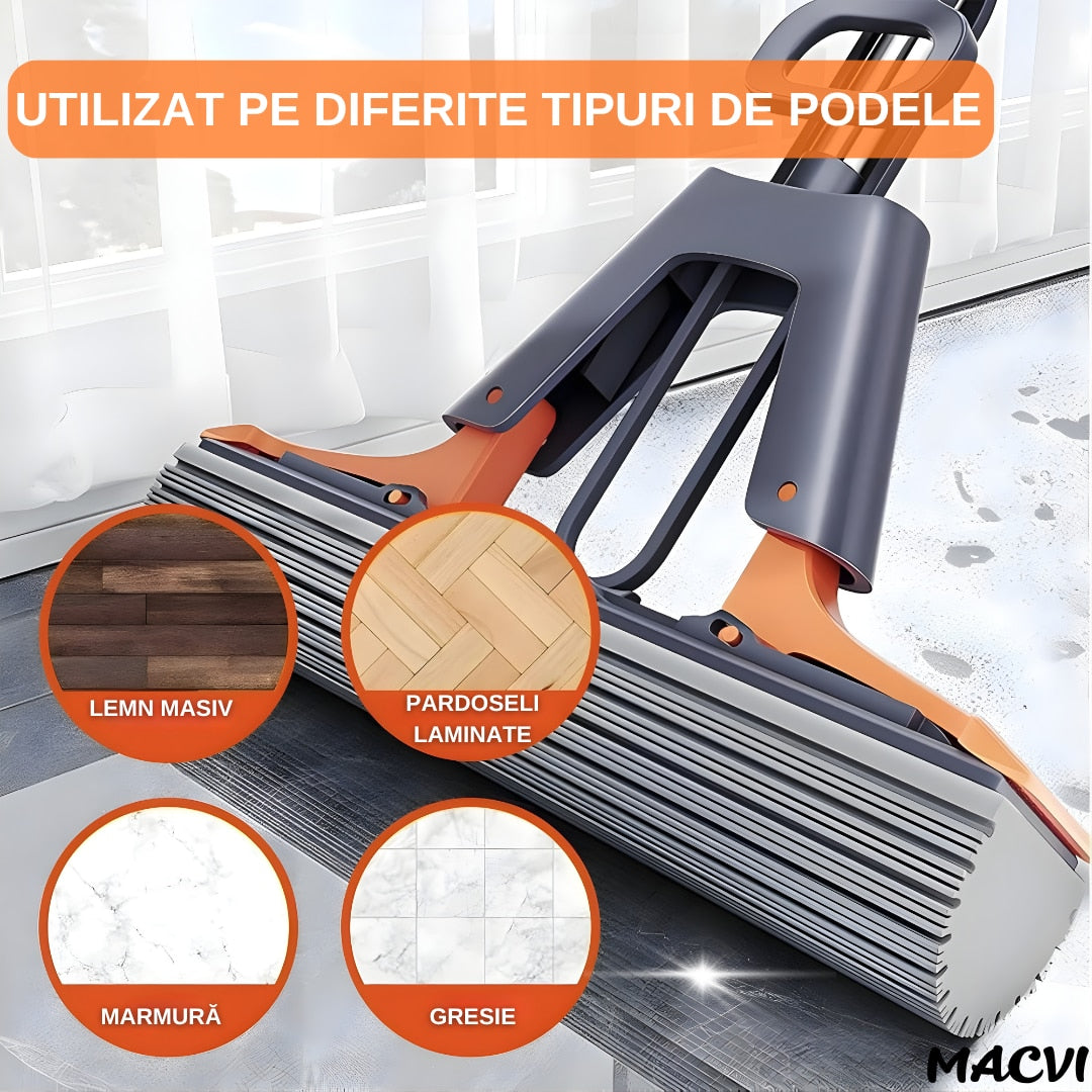Mop Super Absorbant Macvi® 38 cm cu Burete PVA Premium Sistem Stoarcere Automat Hands Free Maner Telescopic Curatare Rapida pentru Parchet Gresie Laminat Marmura Negru Portocaliu