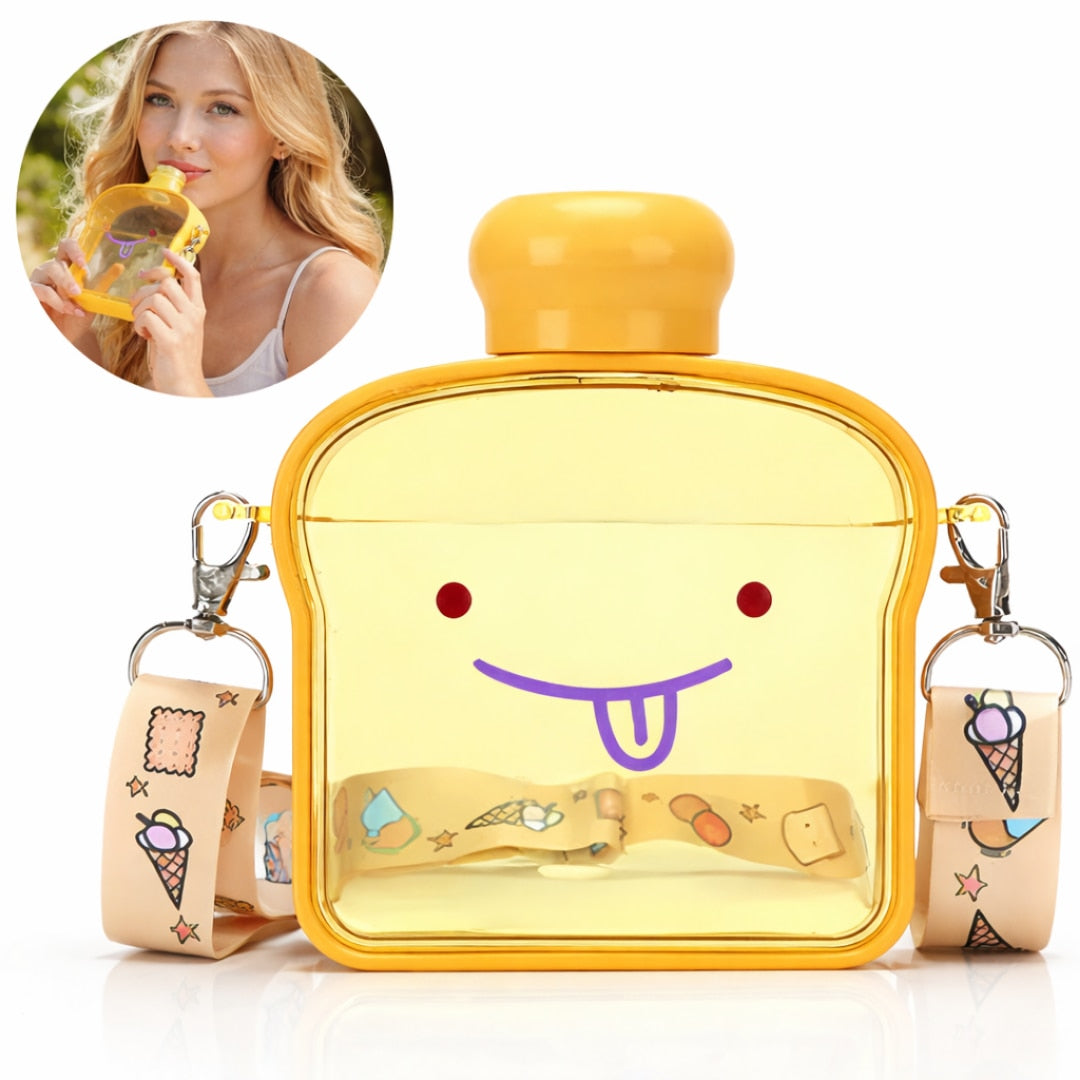 Sticla de Apa pentru Copii Macvi® Forma Toast, 380 ml, Fara BPA, Anti-Scurgere, Capac Etans, Curea Reglabila de Transport, Usor de Curatat, Galben