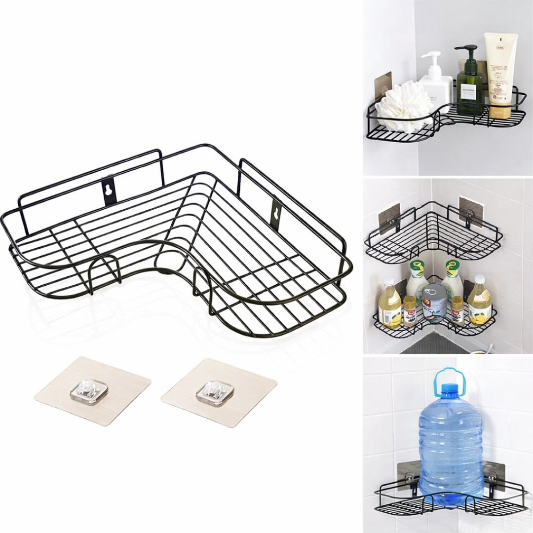 Suport de dus triunghiular Macvi®, montaj pe perete, organizator baie si bucatarie, instalare usoara, depozitare practica