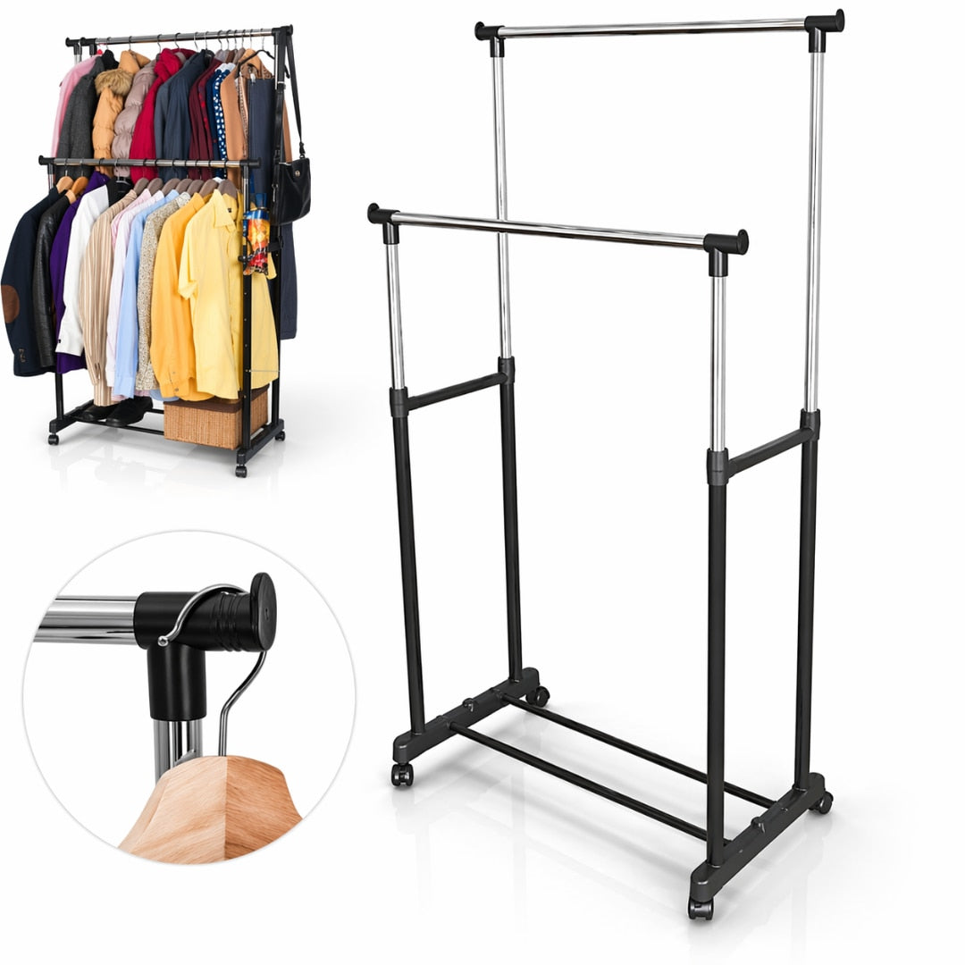 PROMO: 1+1 Suport Haine Macvi® Dublu cu Inaltime Reglabila, Bara Metalica si Roti Pivotante Cuier Mobil pentru Uscare si Organizare, Ideal pentru Haine si Incaltaminte