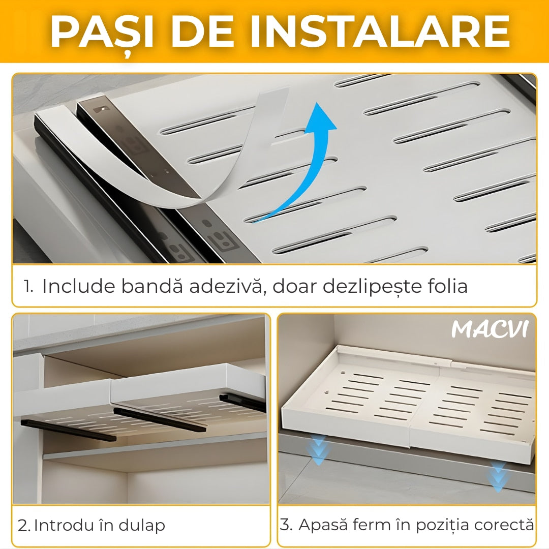 Organizator extensibil Macvi® pentru dulapuri, metal, sertar glisant, montare adeziva, capacitate mare, alb