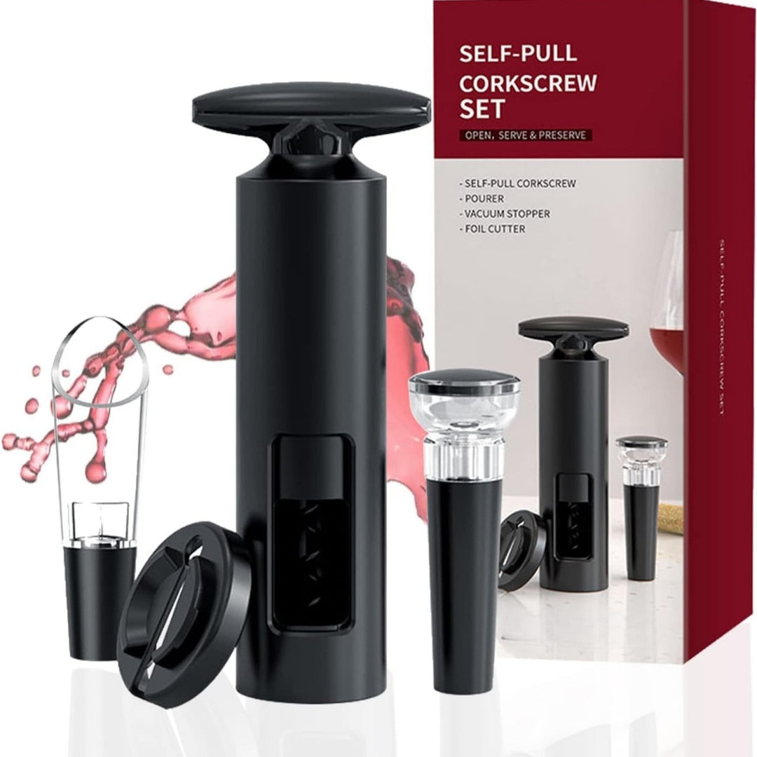 Set deschizator Macvi® 2-in-1 pentru vin, tirbuson profesional cu taietor folie, dop vacuum si aerator, design ergonomic, argintiu