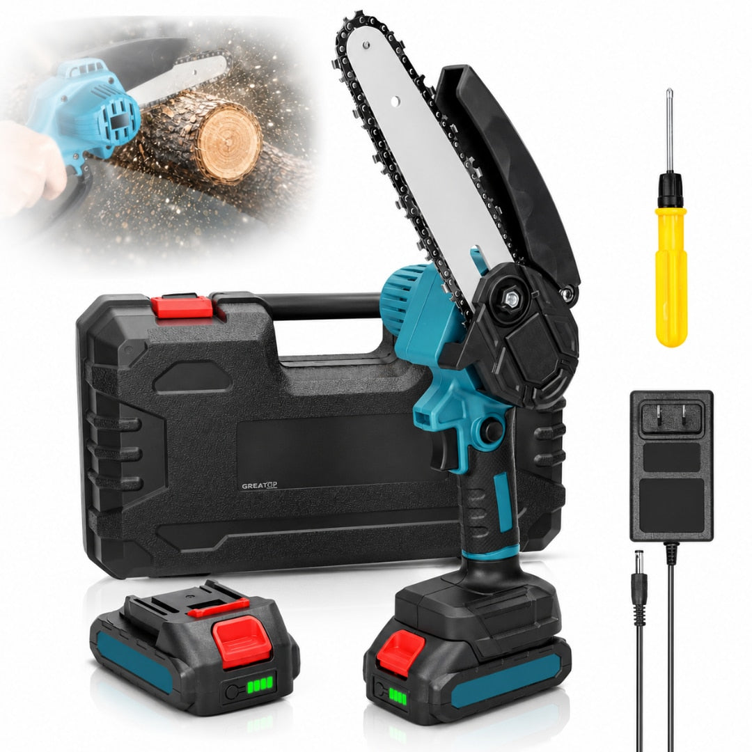 Mini fierastrau electric Macvi® 36V, lama 19 cm (6 inch), 2 acumulatori Li-Ion, lant de taiere, protectie pentru mana, incarcator, valiza transport, mini drujba pentru gradinarit si dulgherie