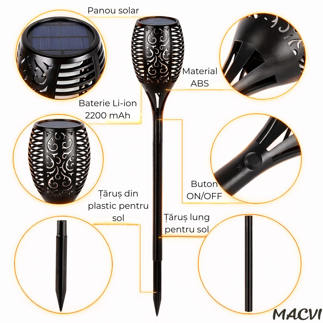 Torta Solara LED Macvi® 96 LED-uri, Efect Real de Flacara, Senzor de Lumina, Alimentare Solara, Rezistenta la Intemperii, Negru