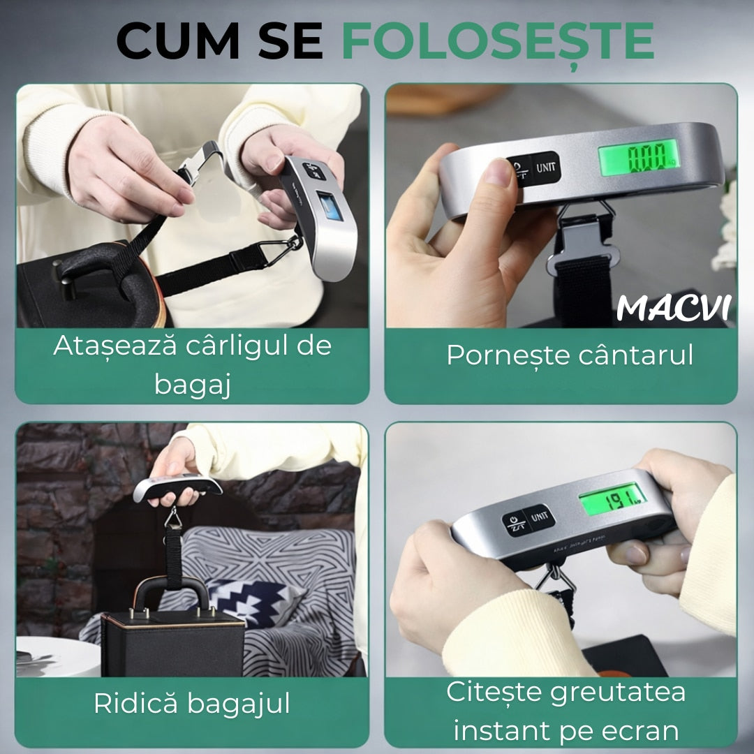 Cantar pentru Bagaje Digital Macvi®, Afisaj LCD, Capacitate maxima 50kg, Argintiu, Functie Masurare Temperatura, compact si usor, carlig si curea de prindere, material ABS