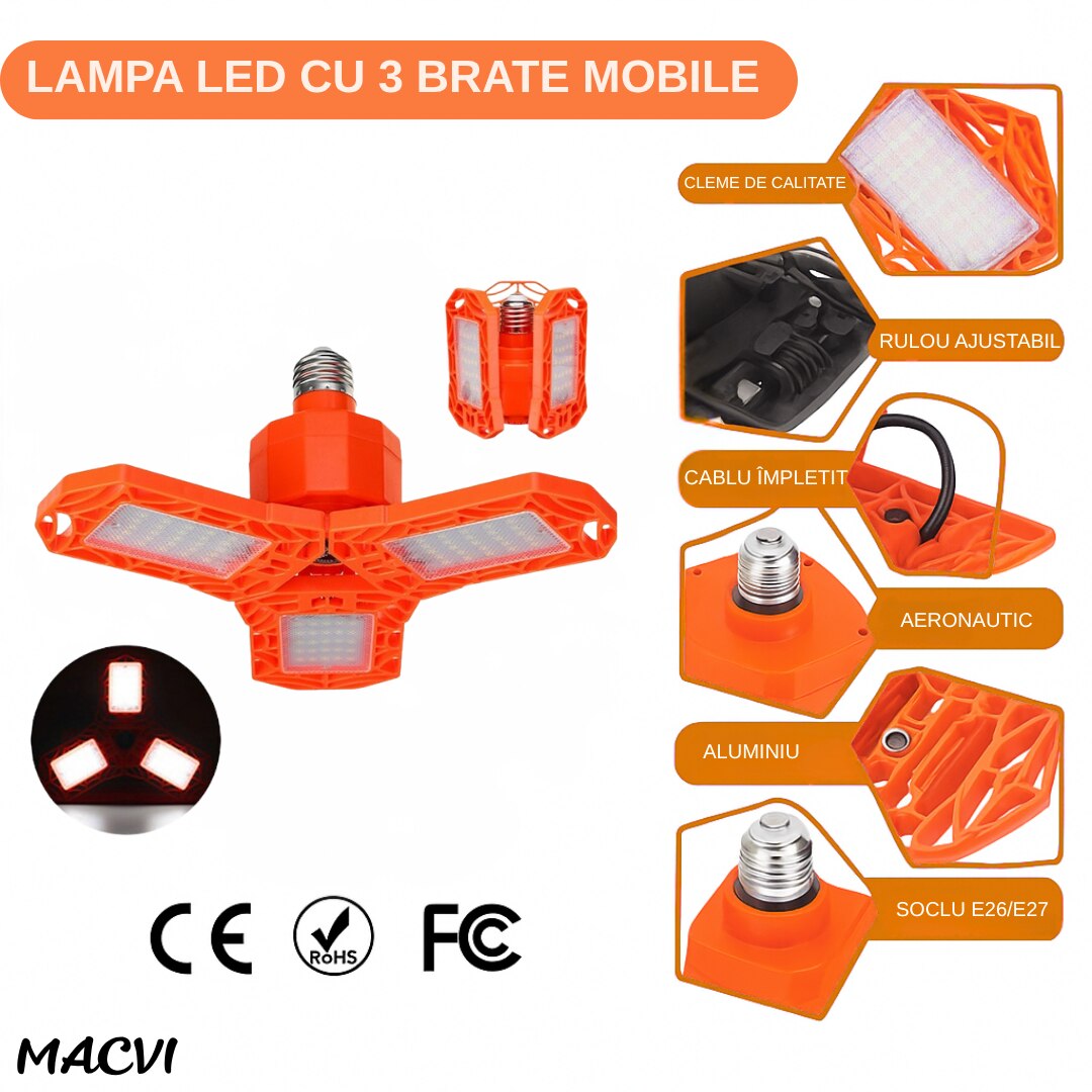 Lampa LED Macvi® cu 3 Brate Mobile, 3000 Lumen, 30W, Portocaliu, Ideala pentru Ateliere, Garaje si Spatii de Lucru