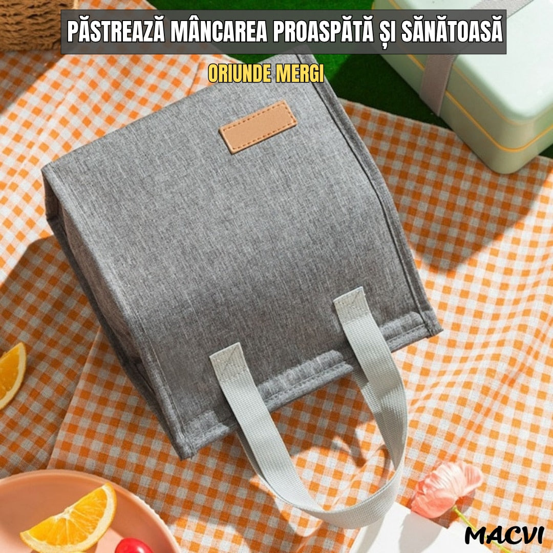 Geanta termoizolanta Macvi® multifunctionala, pentru birou, picnic sau camping, 22.5x13x25.5 cm, material premium, design gri
