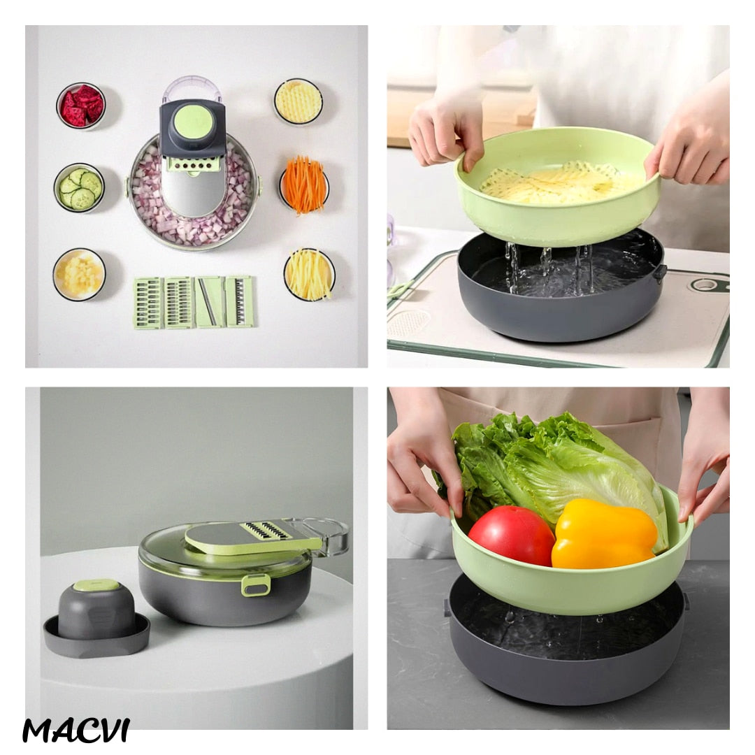 Set Tocator Legume Manual Macvi® 14 in 1 cu 8 Lame din Otel Inoxidabil Separator Ou Perie Curatare Accesorii Multifunctionale pentru Salate Legume si Fructe