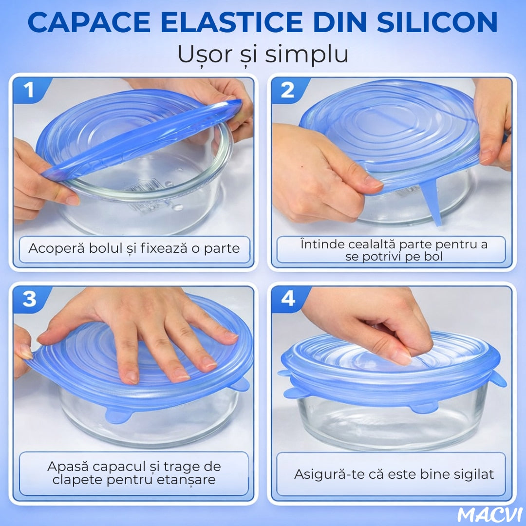 Set 6 Capace din Silicon Flexibil Macvi® Reutilizabile, Etanse, pentru Pastrarea Alimentelor, Albastru si Transparent