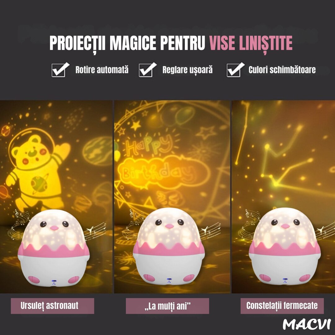 Lampa de veghe Macvi® Pinguin pentru copii, proiectii cu 13 sabloane, efecte sonore, lumini multicolore, telecomanda si incarcare USB, roz