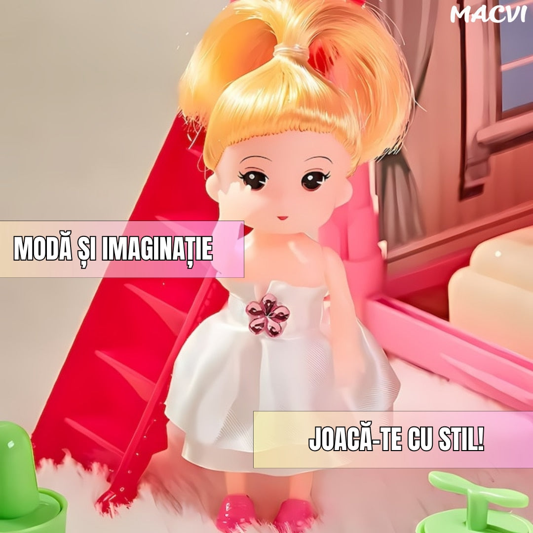 Casuta pentru papusi Macvi® 180 piese, multicolora, usor de asamblat, stimuleaza creativitatea si coordonarea, recomandata copii 3+