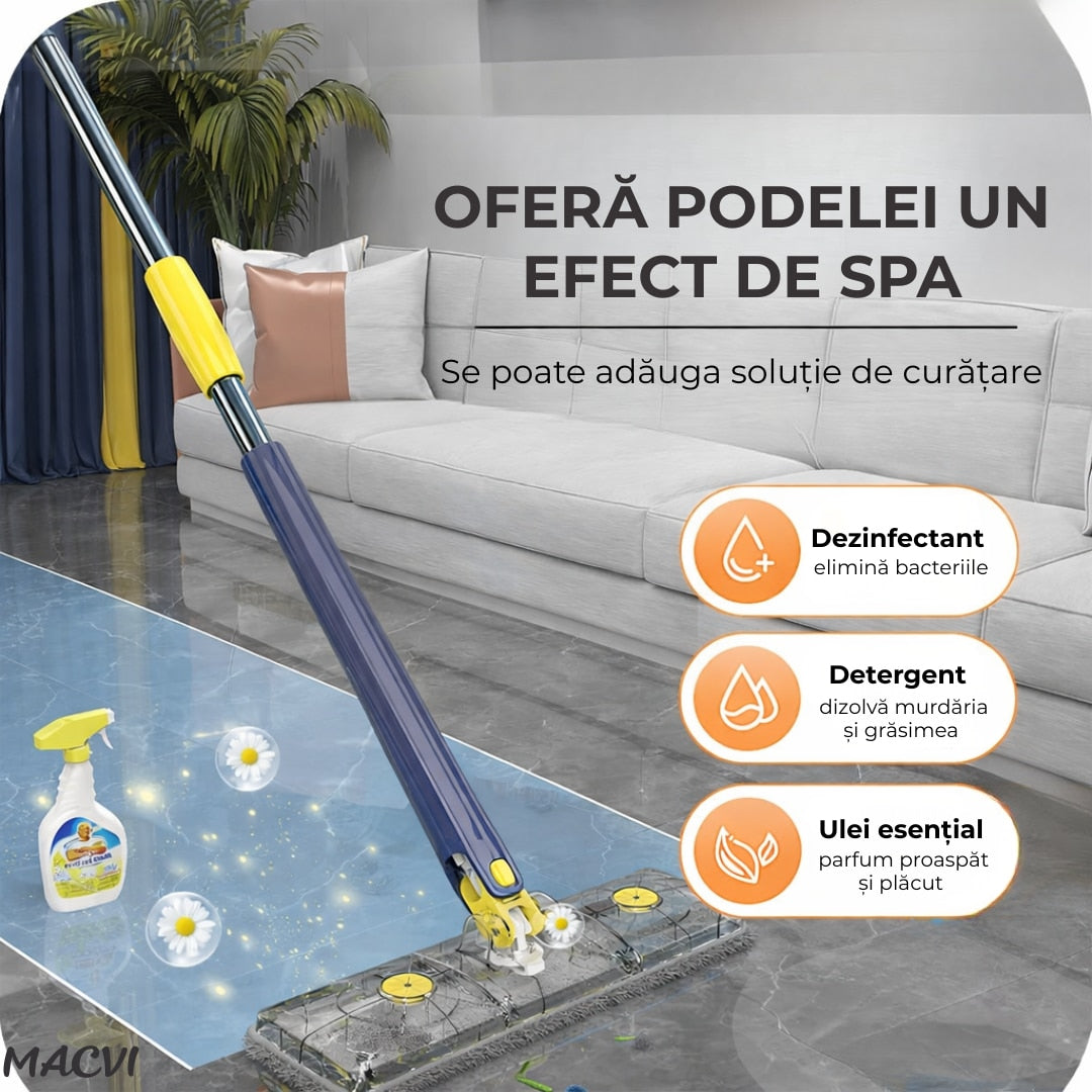 Mop Macvi® dreptunghiular cu stoarcere incorporata, telescopic, usor de curatat, 127 cm, albastru si galben