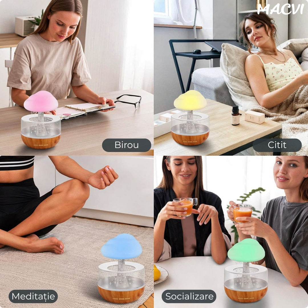 Umidificator si Difuzor Aromaterapie Macvi® Nor de Ploaie, 7 Culori LED, Sunet Relaxant si Sunete Albe, USB, 400 ml