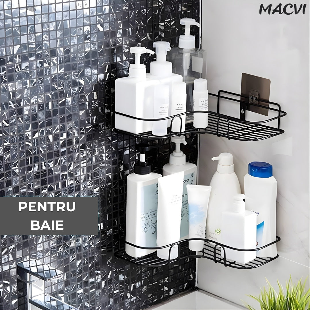 Set 2 suporturi de dus triunghiulare Macvi®, montaj pe perete, organizator baie si bucatarie, instalare usoara, depozitare practica