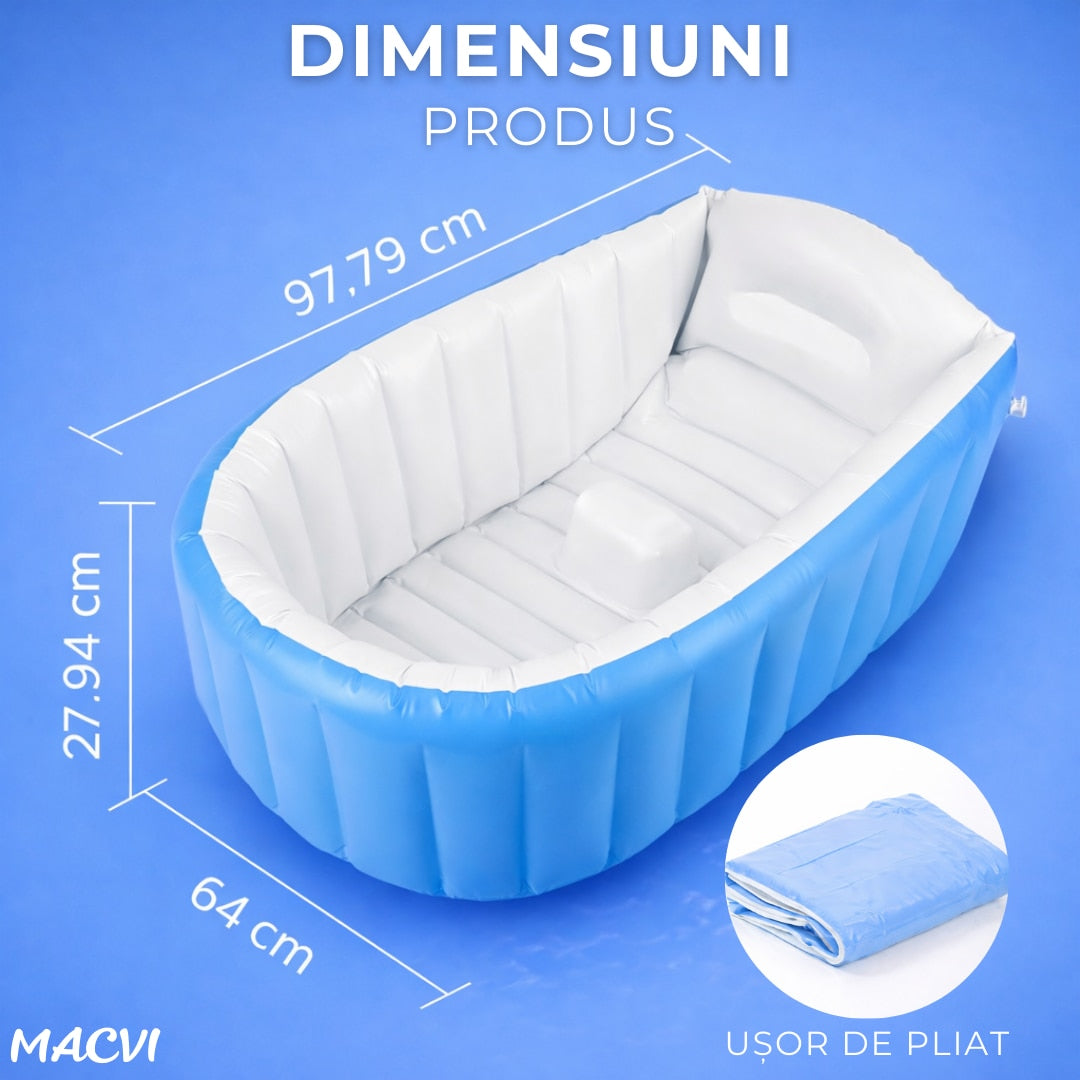 Cadita gonflabila Macvi® bebelusi si copii albastra portabila pentru calatorii pliabila cu spatar inclinat 45° dop de scurgere buzunar depozitare cadou baby shower, 97.8 cm x 64 cm x 28 cm