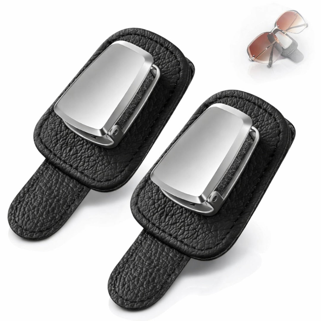 Suport ochelari auto Macvi®, prindere la parasolar, piele si aluminiu, 5x10 cm, negru