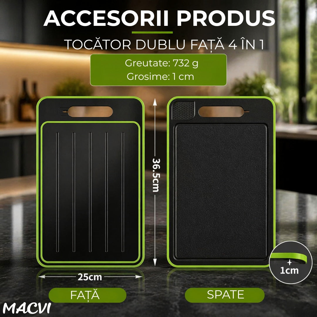 Tocator de Bucatarie 4 in 1 Macvi® pentru Dezghetare Rapida, Taiere, pisare/zdrobire, ascutire, 36,5 x 25 x 1cm