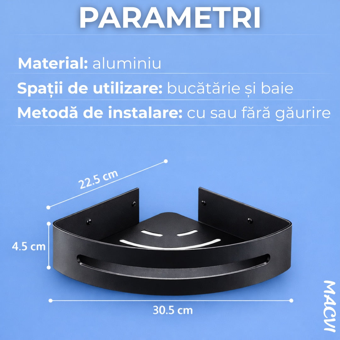 Etajera colt baie Macvi® aluminiu negru 30.5x22.5x4.5 cm raft dus montaj cu adeziv sau suruburi suport produse baie rezistent la apa