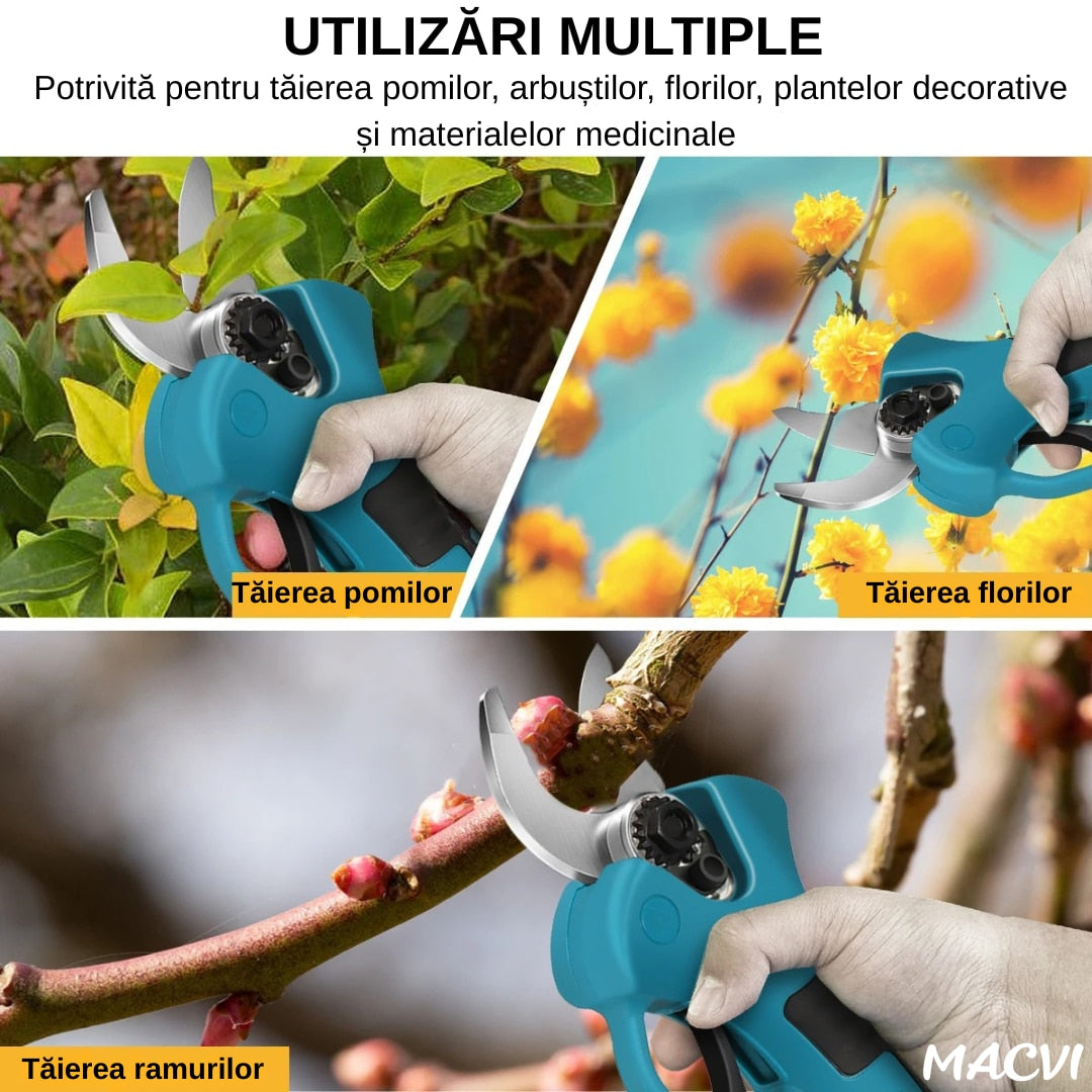 Foarfeca Electrica pentru Gradinarit Macvi® 48V, 2 Baterii, incarcator, 2 Lame din Otel Carbon, ideala pentru Vita de Vie si Crengi, Albastru