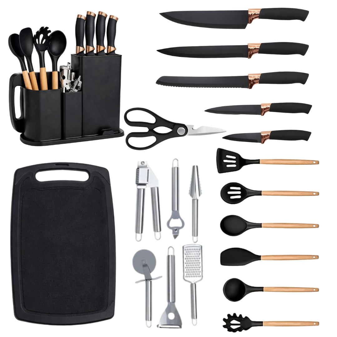 Set 20 Ustensile de Bucatarie si Cutite cu Suport Macvi®, Tocator, Ustensile de Silicon, Cutite si Accesorii pentru Gatit, cu accesorii de curatat si decojit si suport pentru depozitare
