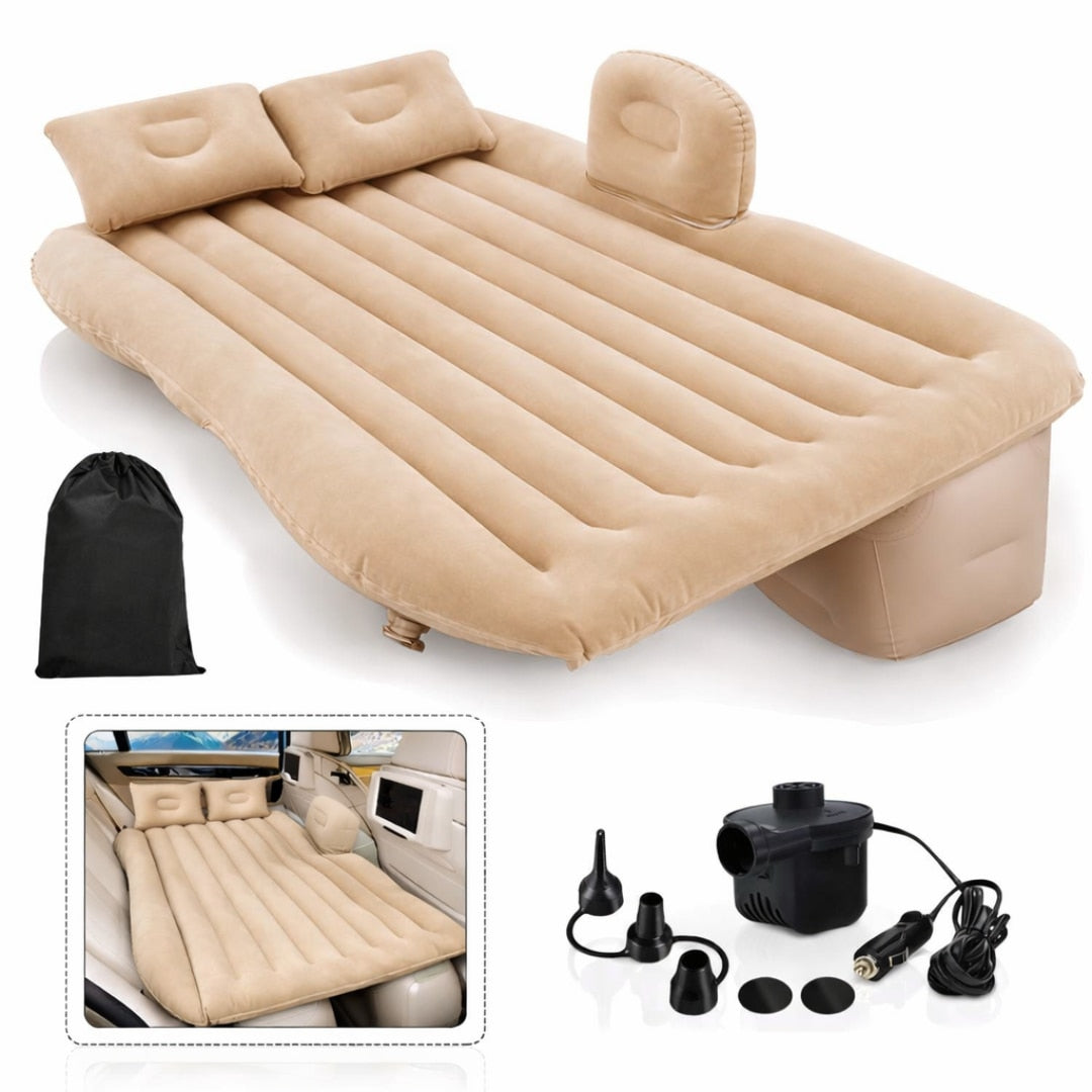 Saltea Gonflabila Auto Macvi® cu Perne si Suport de Echilibru, Ideala pentru Bancheta din Spate, Camping, Calatorii si Relaxare, Bej