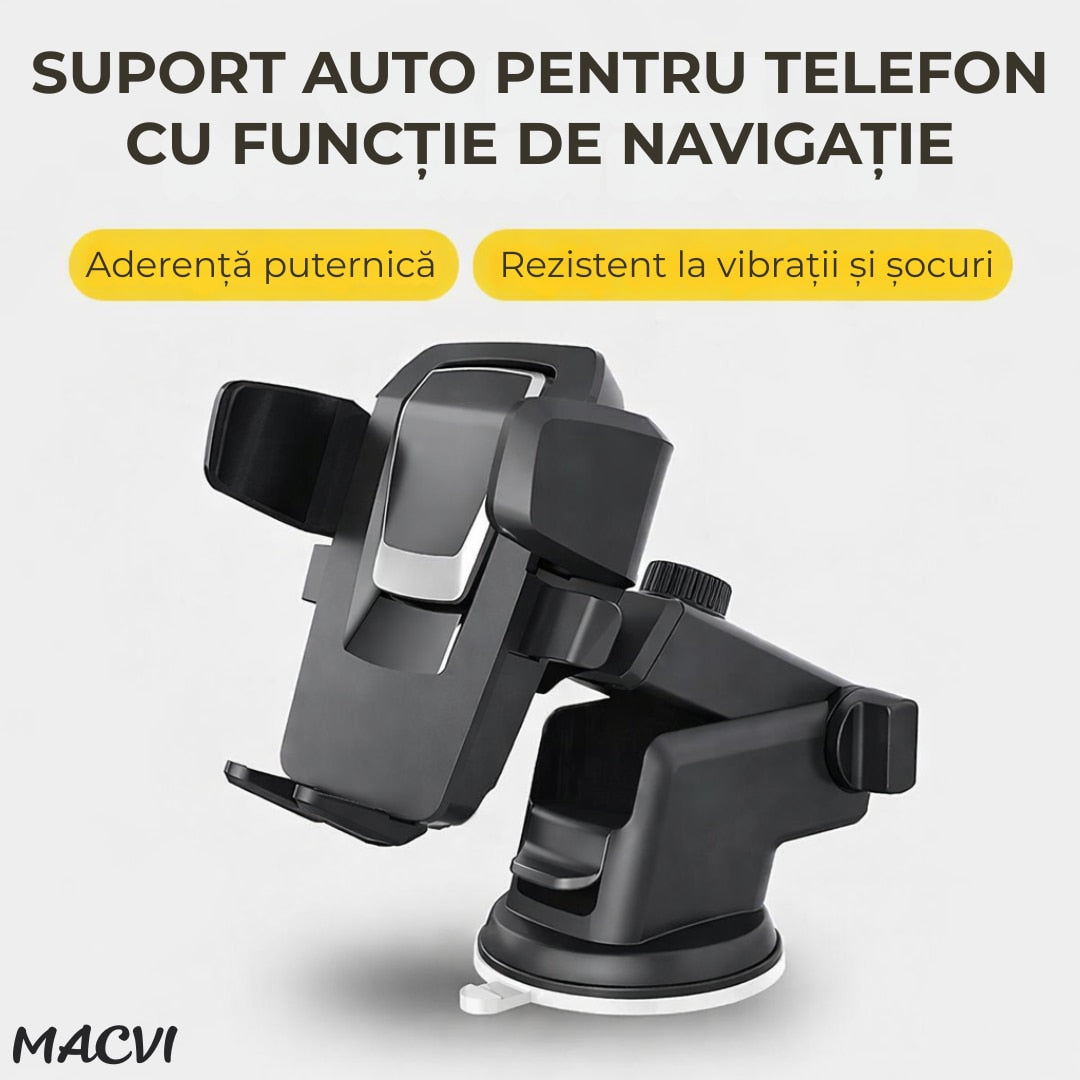 Suport auto telefon Macvi® universal montare bord parbriz sau grila ventilatie ventuza gel brat telescopic reglabil rotatie 360° compatibil 4.5–7 inch prindere stabila silicon antiderapant negru