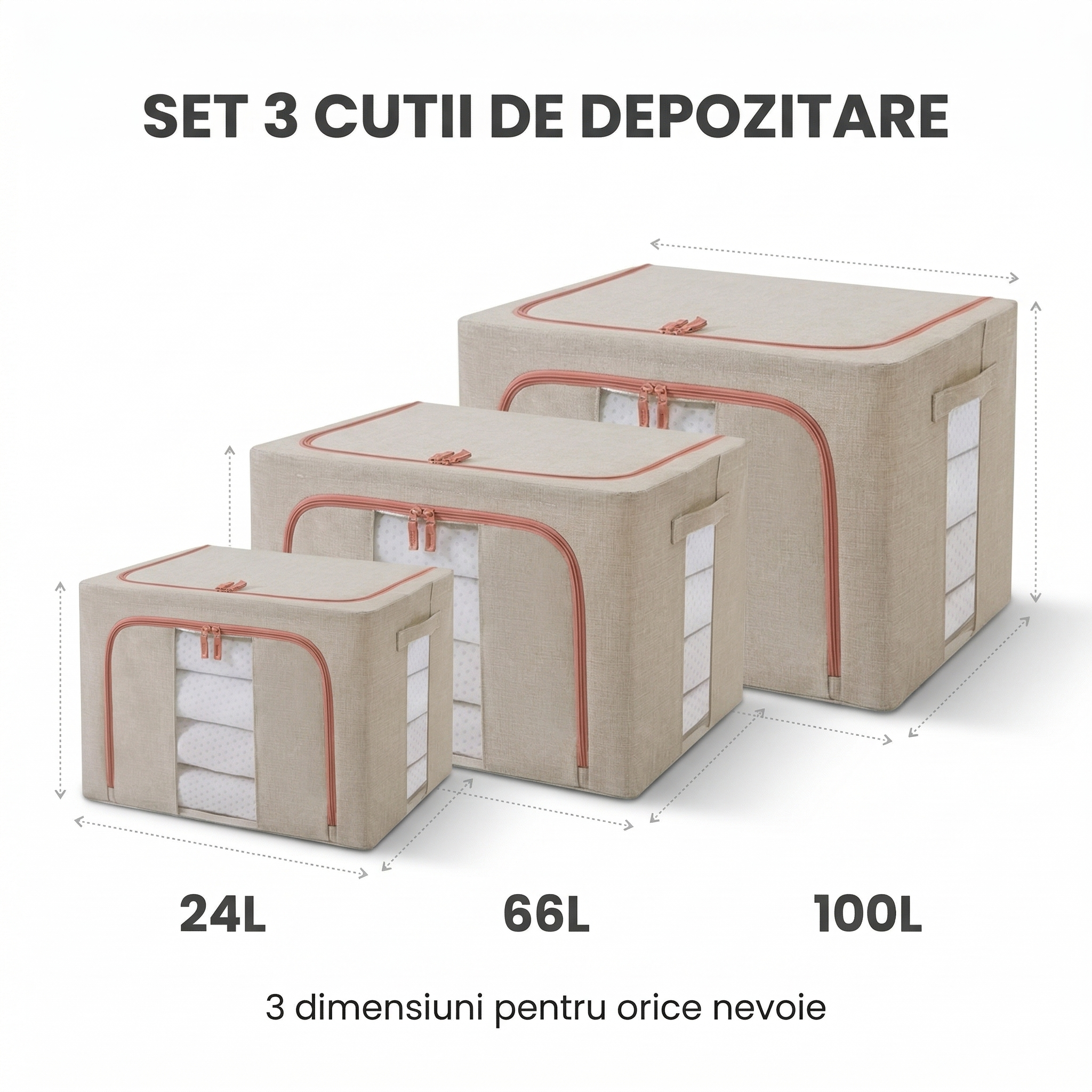 Set 3 cutii de depozitare, 24, 66 si 100 L, pliabile, din material textil cu fermoar si fereastra transparente, cadru metalic pentru organizare eficienta